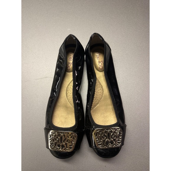me too Shoes - Me Too Album Black Patent Square Toe Ballet Flats Gold Buckle 8.5M